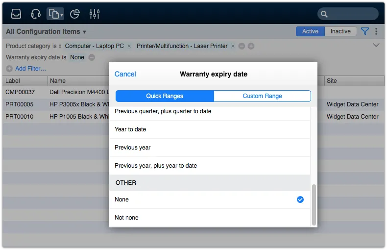 All Configuration Items view filtered by empty date field