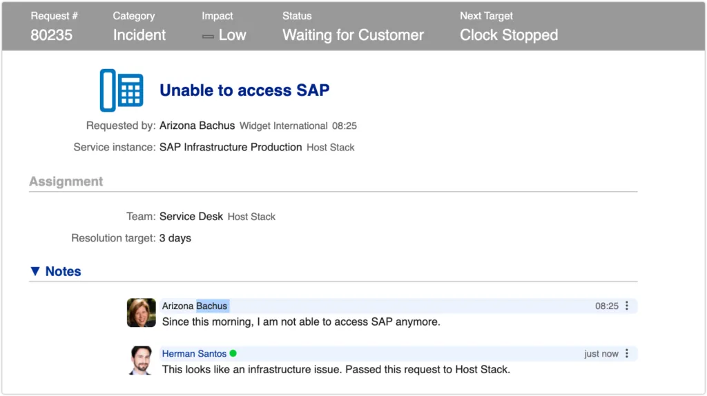 Request with stopped SLA clock after it was passed from one MSP to another