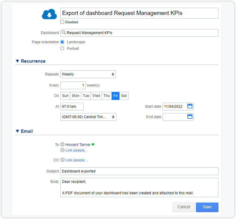 Schedule dashboard export form