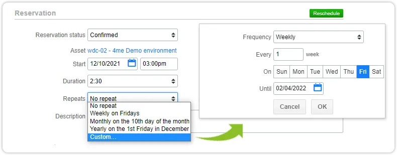 Reservation repeats weekly