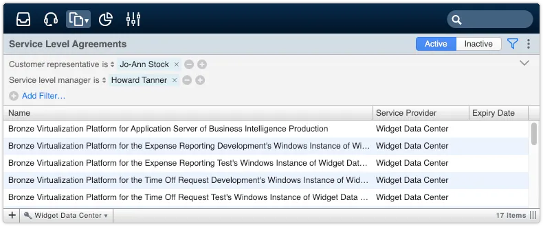 SLA view filtered by customer representative and service level manager