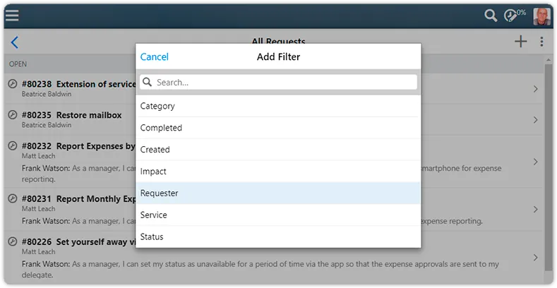 Filter self service requester