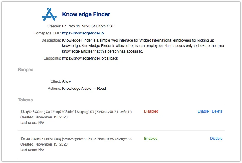 Application with disabled OAuth token