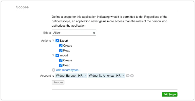 Import and export actions included in scope for an application that integrates with 4me