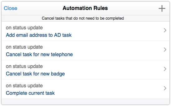Example of automation rules defined for a task template