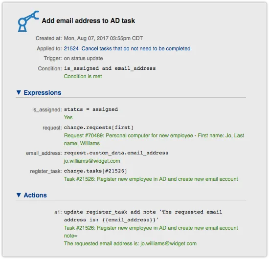 Automation trace rule execution details