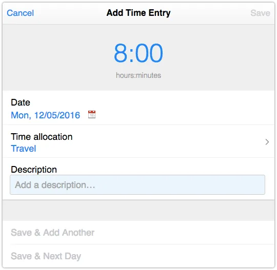 ITRP time entry with required Description field