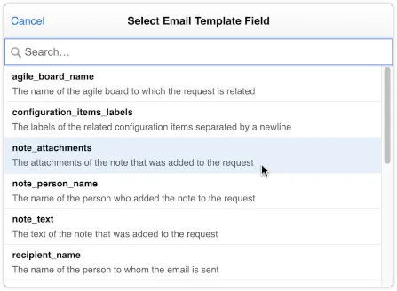 Select note_attachments field for email template