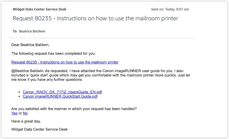 4me email notification with links to attachments