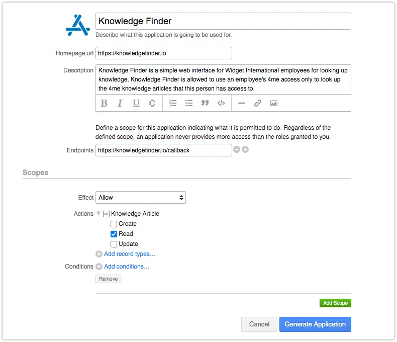 Register new application in 4me