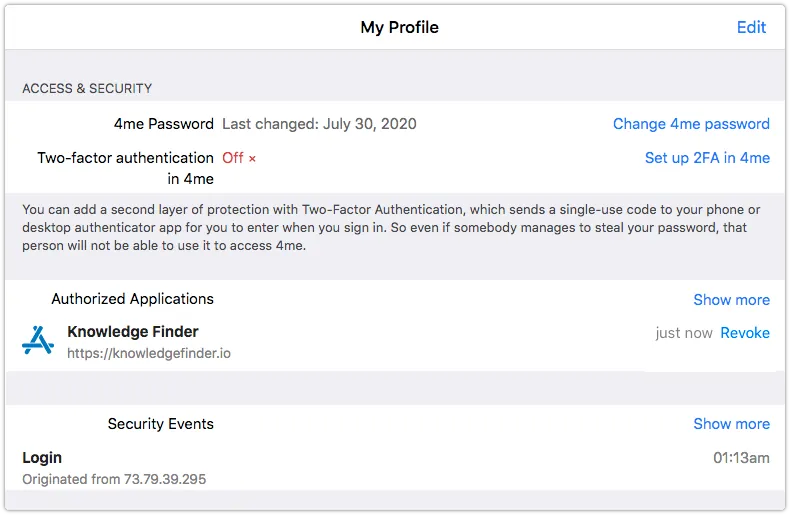 4me Access and Security section with third party application