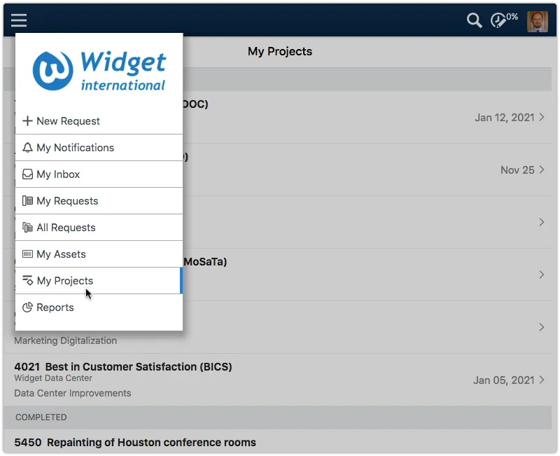 My Projects menu option in 4me Self Service