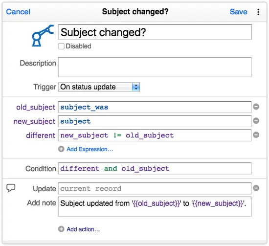 Use of previous field value in example automation rule