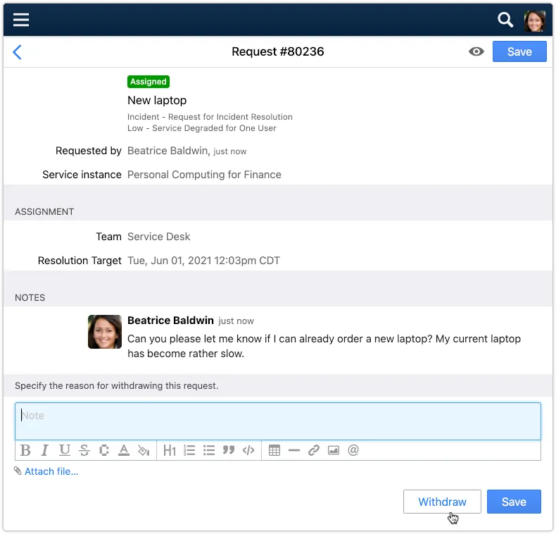 Request in 4me Self Service with message requesting reason for withdrawal