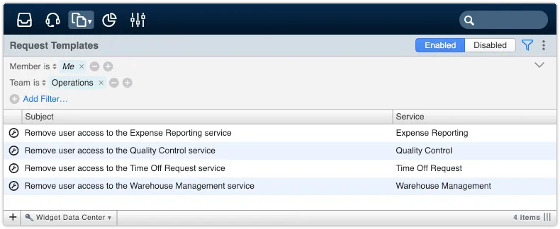 Request Templates view with Member and Team filter