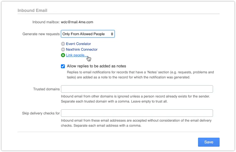 Inbound Email policy set to Only From Allowed People