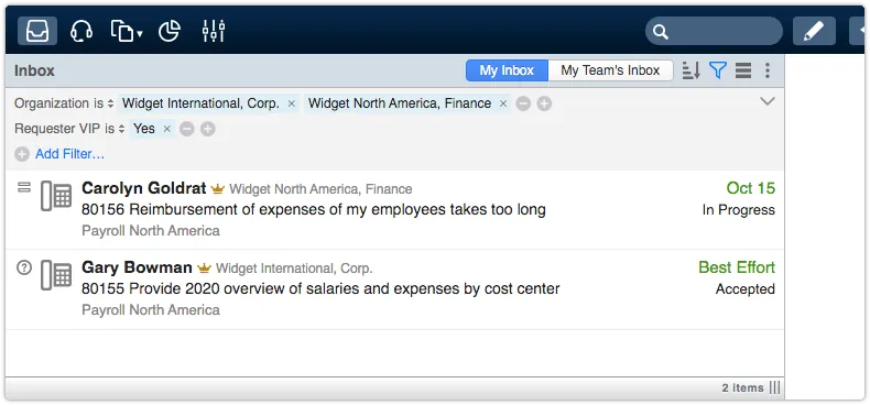Inbox filtered by Organization and VIP