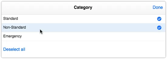 Select change categories for filter