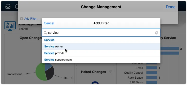 Change Management dashboard with service owner filter