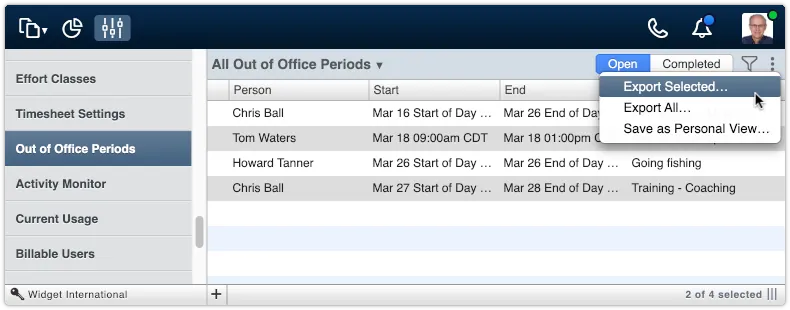 Export selected out of office periods