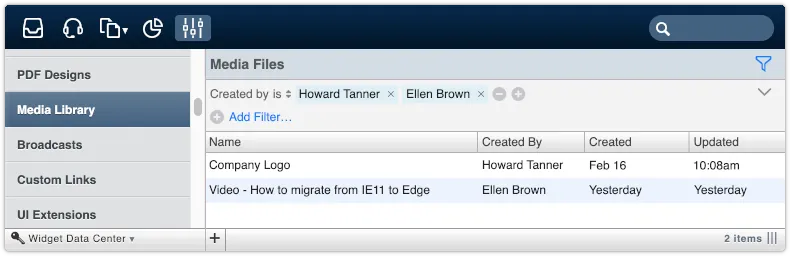 Media Library view with Created by, Created and Updated columns