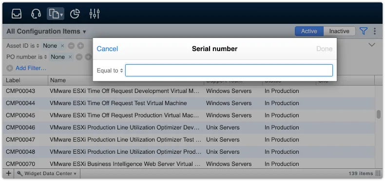 Applying serial number filter to configuration items view