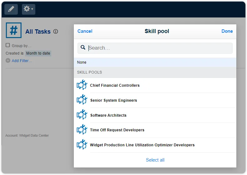 Task report skill pool filter