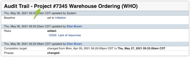 Audit trail header with name of record type