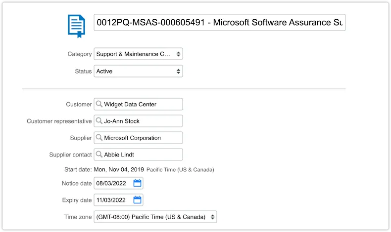 Software contract with supplier contact