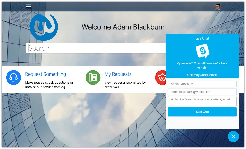 4me Self Service homepage with Social Intents integration activated