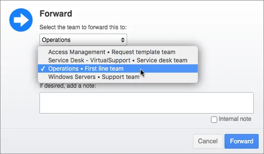 Forward popup with responsible teams suggested