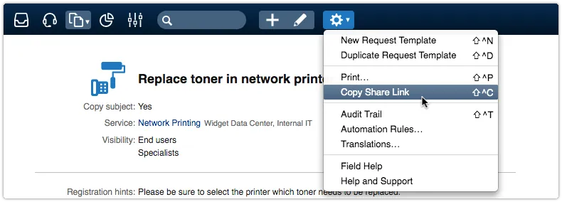 Copy Share Link option in Actions menu