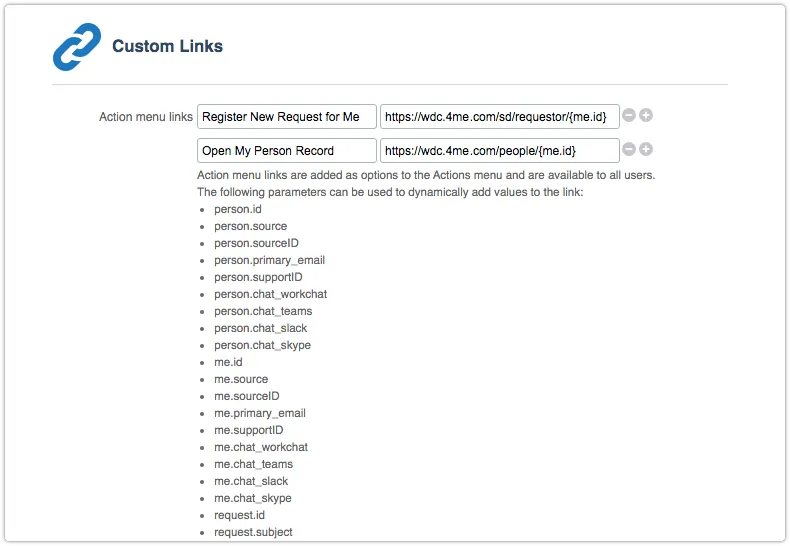 Custom links with me parameter