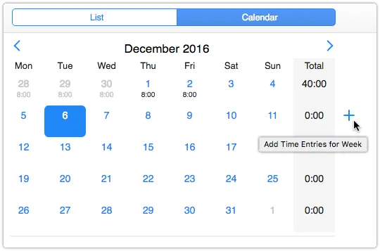 Press the plus to open the Add Time Entries for Week form