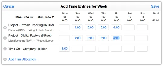 Weekly time entry form in ITRP Self Service