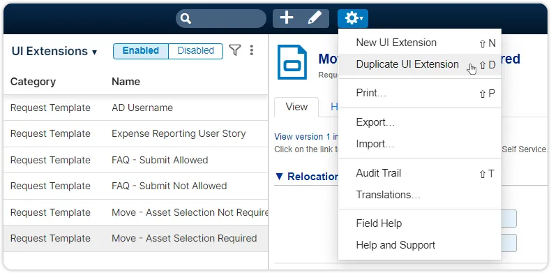 Duplicate ui extension