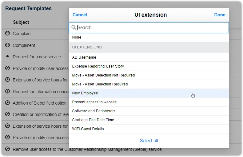 UI extention filter on request template