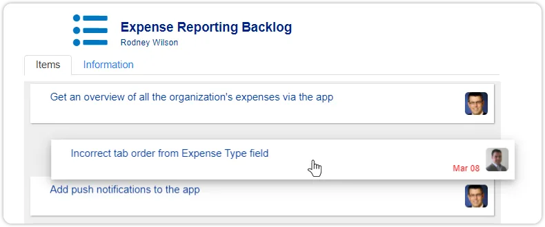 Order requests product backlog drag drop