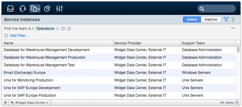 Service instances view filtered by first line team