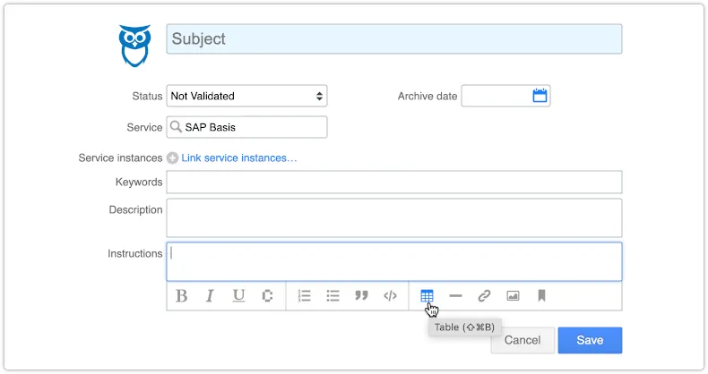 Insert table in rich text field