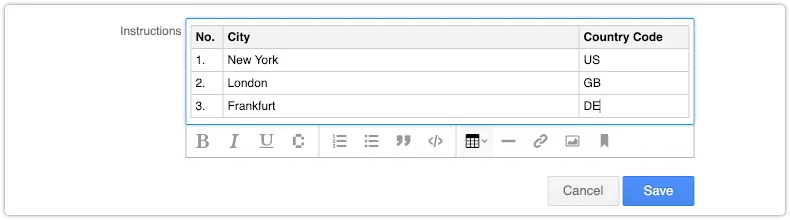 Insert table in rich text field