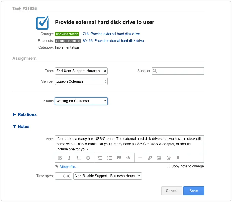 Task in Edit mode with status Waiting for Customer
