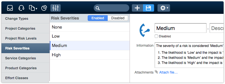 Risk Severities section of the 4me Settings console