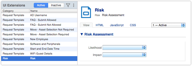 Default UI extension in 4me for risks