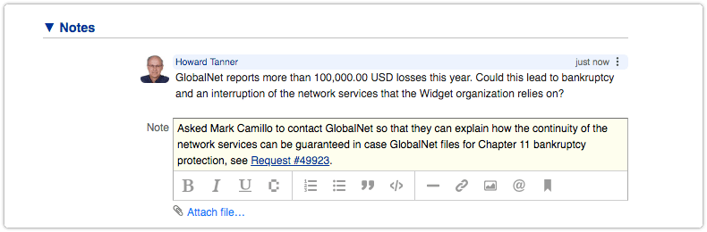 Note added to risk with a reference to a request