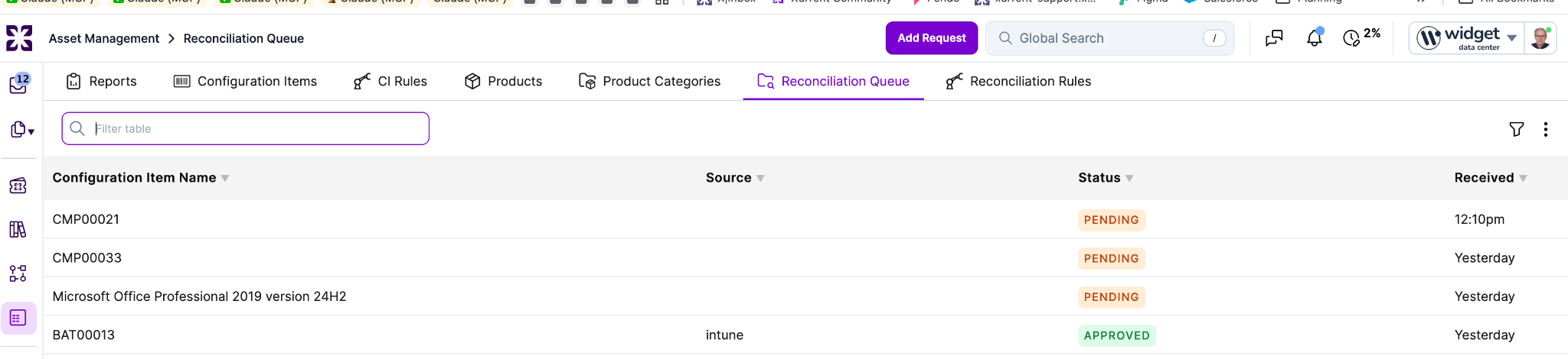 The Asset Management workspace with the Reconciliation Queue open