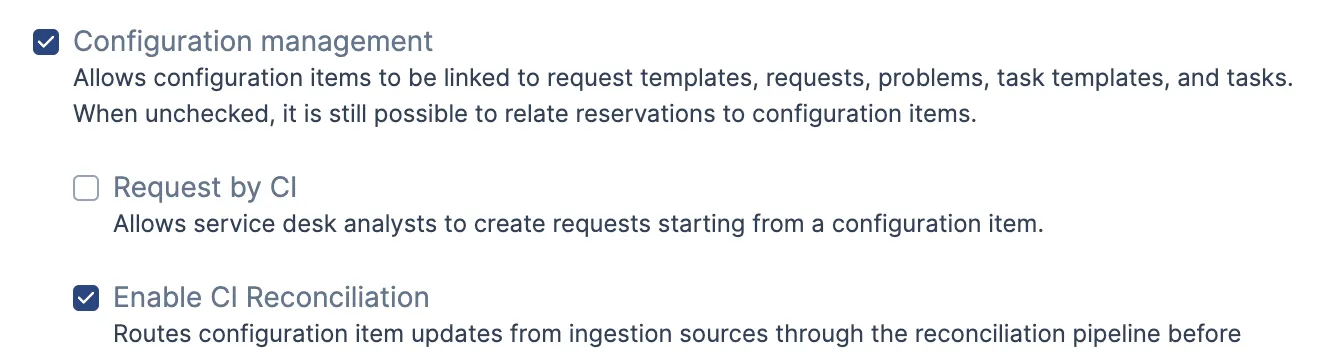 The Enable CI Reconciliation setting under Configuration management in the account settings