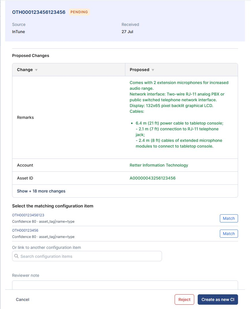 The Identify panel listing candidate Configuration Items with confidence scores, with Match actions and Create as new CI