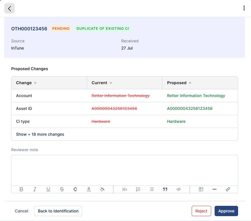 The Review panel showing a current-versus-proposed field comparison with a reviewer note field
