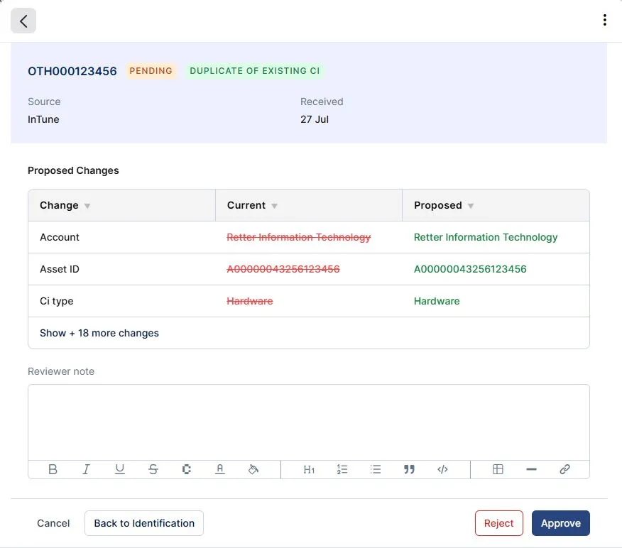 The Review panel showing a current-versus-proposed field comparison with a reviewer note field